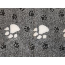 Vetbed med gummi bagside - Lysegr med store hvide poter og sm gr poter