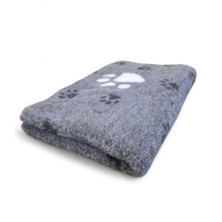 Vetbed med gummi bagside - Lysegr med store hvide poter og sm gr poter