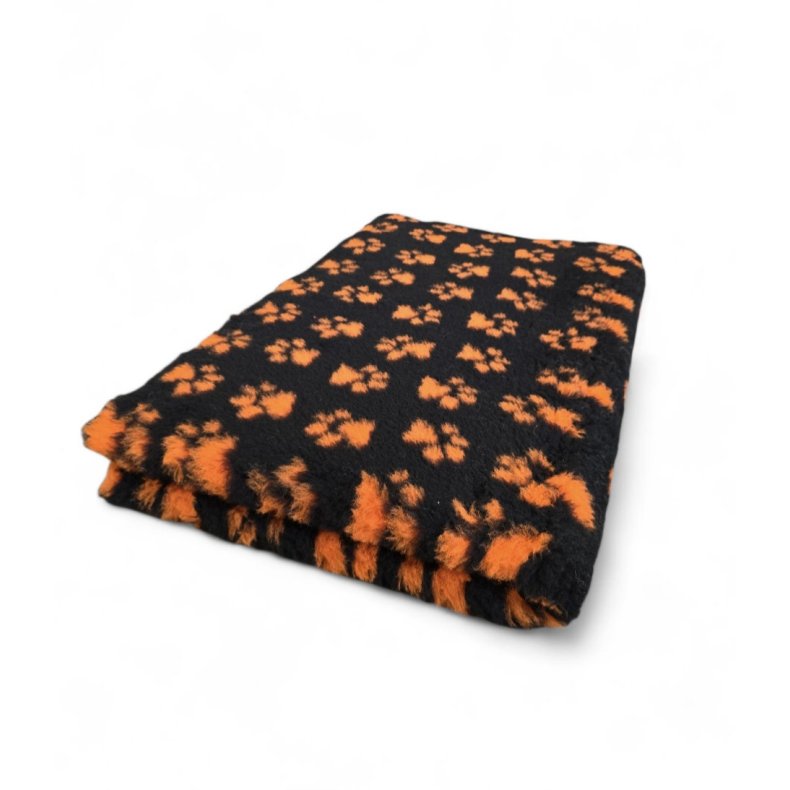 Vetbed med gummi bagside - Sort med orange sm poter